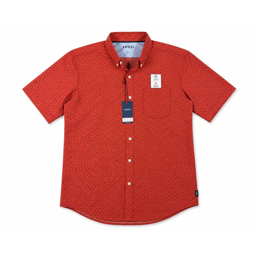 IZOD Mens Cool FX Athletic Fit Short Sleeve Anchor Print Shirt Saltwater Red L